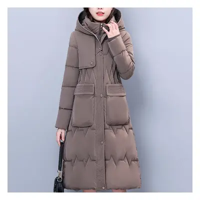 (coffee, 2XL) Plus Size Woman Winter Long Coat Hooded New High Quality Thick Warm Padded Jackets