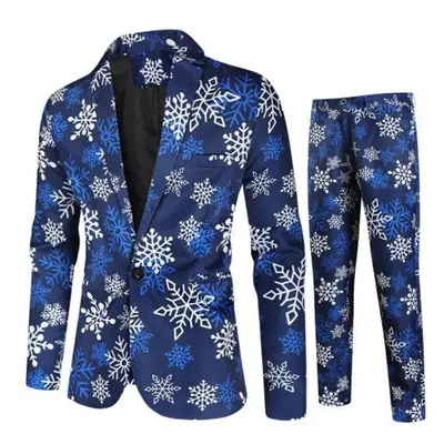 (2XL, dark blue) Pcs/set Jacket Pants Suit Cartoon Santa Snowflake Print Plaid Pattern Color Mat