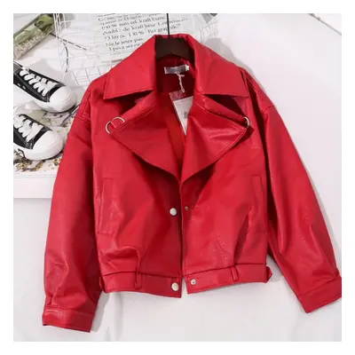 (red, M) Loose Pu Leather Batwing Sleeve Vintage Leather Jacket Street Casual Outwear Ladies Bik