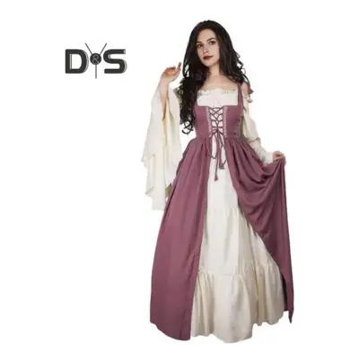 (pink, L) Set Women Dress Shirring Edge Square Neck Tight Waist Flowy Sleeves Lace-up Patchwork 