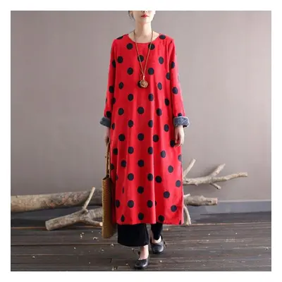 (red, One Size) Johnature Women Vintage Polka Dot Corduroy Dress O-neck Long Sleeve Loose Patchw