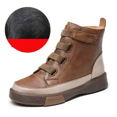 (khaki beige, 38) Genuine Leather Ankle Shoes Women Boots Round Toe Zip Winter Sewing Leisure Ha