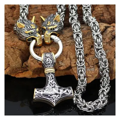 Men Wolf Head Necklace Norse Jewelry Amulet Thor's Hammer Pendant Necklace