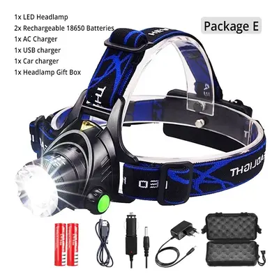 (T6-10000 Lumen, Package E) Powerful LED Headlamp USB DC Charging Headlight Waterproof Head Lamp