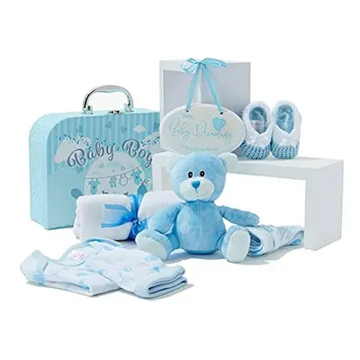 Newborn Baby Boy Gift Set Hand Packed Blue Hamper Styled as a Case with Teddy Bear Knitted Booti