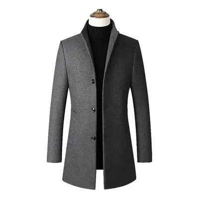 (gray, XXL) Men Mid-length Slim-fit Woolen Coat With Stand-collar Solid Color Woolen Coat