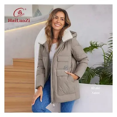 (khaki, 3XL) Hailuozi New Winter Down Jacket Women Short Classic Design Neckline With Fur Female