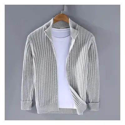 (grey, S) Autumn Winter Men Cardigan Sweater Men&apos;s Stand Collar Zipper Cotton 100% Thickene