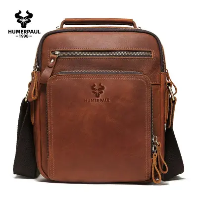 (brown) Humerpaul Crazy Horse Leather Men&apos;s Shoulder Bag Vintage Messenger Bags Multifuncti