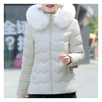 (beige, L) Fashion Winter Short Parkas Female Outerwears Hooded Faux Fur Collar Lady Jackets Thi