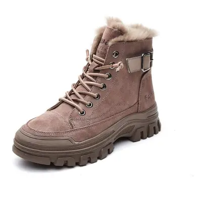 (khaki, 40) Winter Genuine Leather Shoes Women Snow Boots Cowhide Flat Non-slip Warm Plus Women 