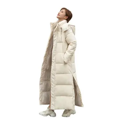 (beige, XXL) Women Cotton Coat Hooded Long Sleeve Pockets Side Slit Hem Down Jacket Solid Color 