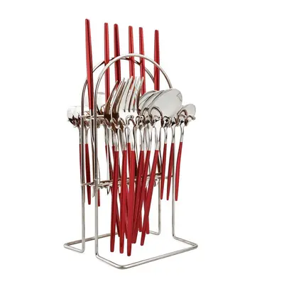 (red,silver) 24pcs Mirror Western Cutlery Set With Luxury Cutlery Storage Rack Include Knife For