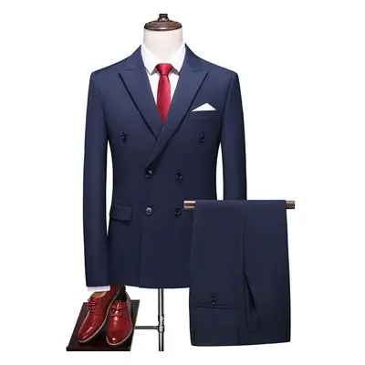 (navy blue, XS) Fashion Men&apos;s Business Double Breasted Solid Color Suit Coat / Male Slim We