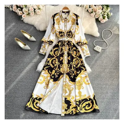 (yellow, L) Rugod Spring Retro Palace Style Lapel Single-breasted Waist Slim Print Dress Elegant