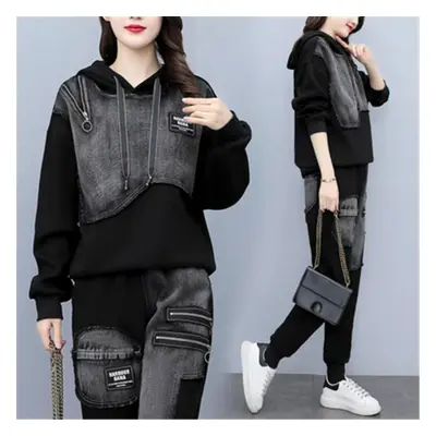 (black, M) Loose Denim Suit Korean Version Of Women&apos;s Spring And Autumn Casual Sports Sweat