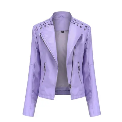 (purple, 3XL) Women Autumn Winter Turn Down Collar Long Sleeve Slim Thin Zipper Pu Leather Motor