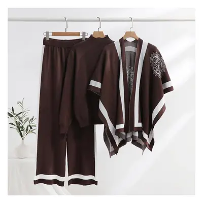 (brown, One Size) Elegant Floral Stamp Knitted Three-piece Suit Autumn Winter Knit Top And Wide 