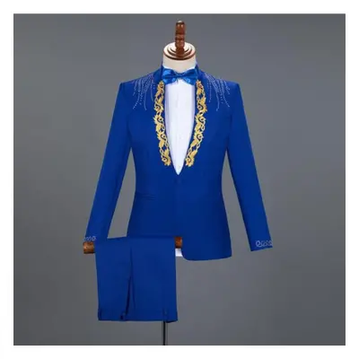 (blue, XXL) Cloth007vintage Men Suit 2pcs Fashion Plaid Slim Fit Blazer+pants Business Wedding P