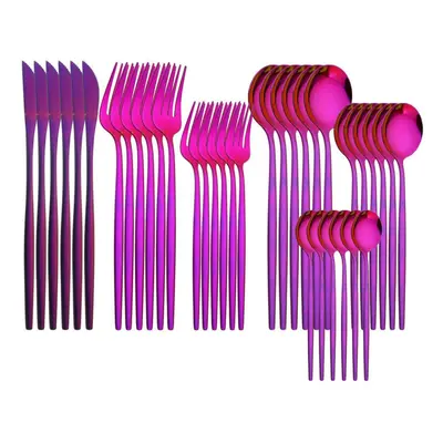 (purple) 36pcs Gold Dinnerware Cutlery Set Knife Dessert Fork Coffee Spoon Tableware Western Sta