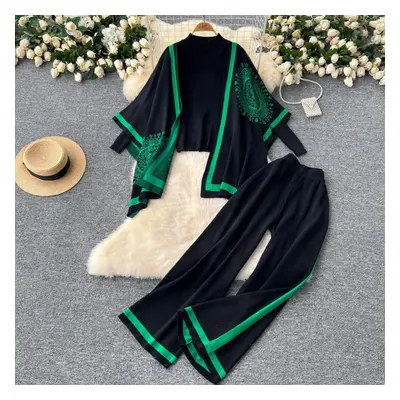 (black, One Size) Women Chic Knit Two Pieces Sets Lool Sleeve Patchwork O Neck Basics Split High