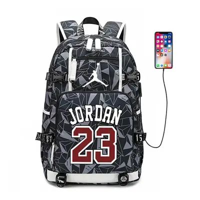 (Grey) Basketball Player Jordan Logo Backpack USB Taptop Ruckpack Kid Student School Bag