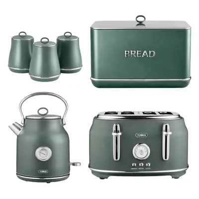 Tower Renaissance Green Kettle Slice Toaster Bread Bin Canisters Set