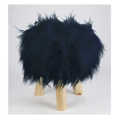 Footstool Pouffe Mongolian Faux Fur Wooden Leg Scandi Foot Stool Chair Navy Blue