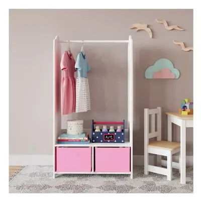 (Light Pink) MDF Wooden Hanging Clothes Rail Wardrobe Storage