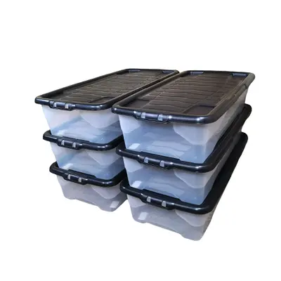 6 x 42L Clear Under Bed Storage Box with Black Lid, Stackable and Nestable Design Storage Soluti