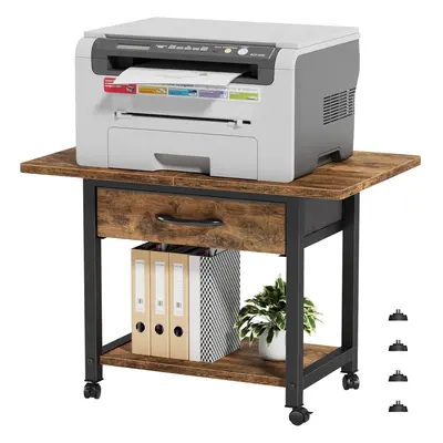 (2-Tier, Rustic Brown) Printer Stand with Fabric Drawer Storage, Printer Table on Wheels&Side Ba