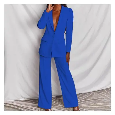 (blue, XXXL) Autumn Solid Color Women&apos;s Fashion Temperament Long-sleeved Suit Straight Trou