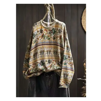 (One Size, khaki) Johnature Woman Autumn Niche Vintage O-neck Casual Loose Retro Sweater Chinese