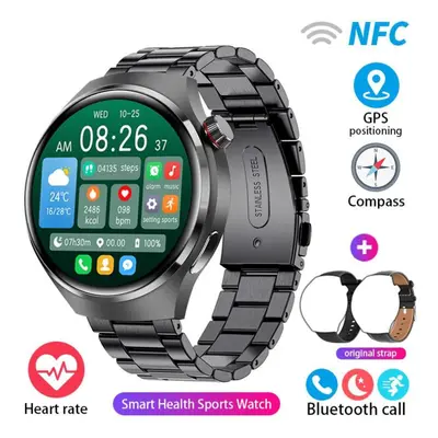 (black, Silicone+Leather+Steel) New Gps Smart Watch Men Gt4 Pro 360*360 Hd Screen Heart Rate Blu