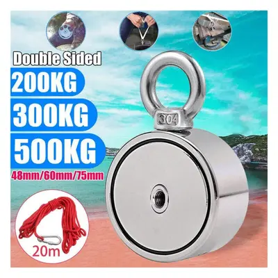 (as the picture) 200/300/500kg Double Side Neodymium Metal Magnet Detector Fishing Kit+20m Rope