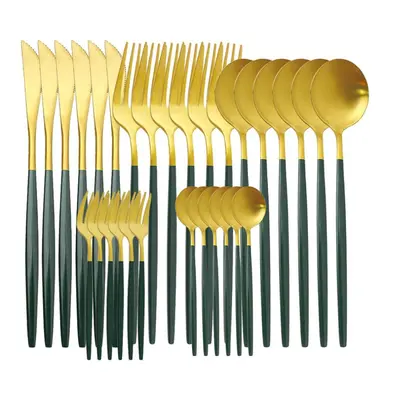 (green,gold) 30pcs Matte Green Gold Cutlery Set Flatware Stainless Steel Dinnerware Kitchen Silv