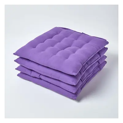 (Set of 4, Purple) Plain Seat Pad with Button Straps 100% Cotton