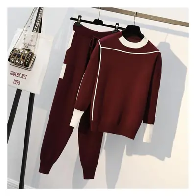 (red, 2XL) 2pcs/set Knit Piece Set Tracksuits Fall Winter Women Knit Pullover Sweater + Elastic 