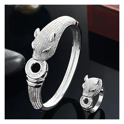 (silver ring 8) Zlxgirl Jewelry Jet Cubic Zircon Leopard Animal Bridal Bangle Jewelry Europe Des