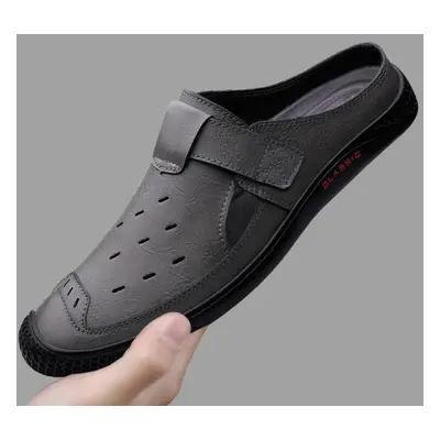 (gray, 45) Summer Genuine Leather Shoes Men Half Slippers Business Dress Men Sandals