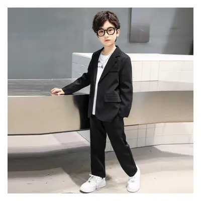 (black, 130cm) Boys Long Sleeve Casual Blazer Suits Jacket Trouser 2pcs School Uniform Teen Kids