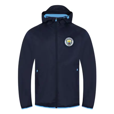 (Navy Peaked Hood, Medium) Manchester City FC Official Football Gift Mens Shower Jacket Windbrea