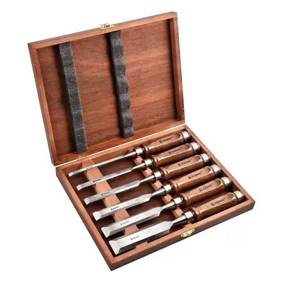 EZARC 6pc Wood Chisel Set for Woodworking - CRV Steel with Black Walnut Handle in Wood Storage B