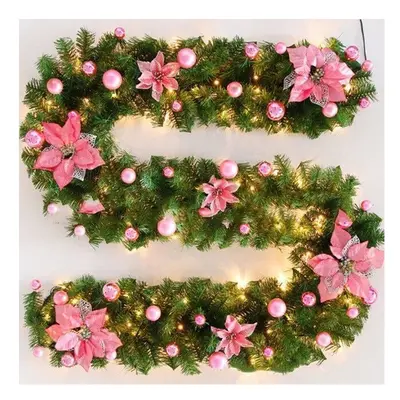 Pink - None LED - 2.7m Artificial Christmas Green Leaves Christmas Garland Hanging Tree Ornament