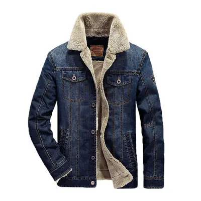 (Dark Blue, XL) Mens Jean Jacket Fur Collar Lined Fashion Casual Denim Winter Warm Coat M6xl