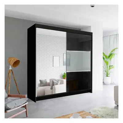 (200cm, Black ) Fort High Gloss Sliding Door Wardrobe with Drawers