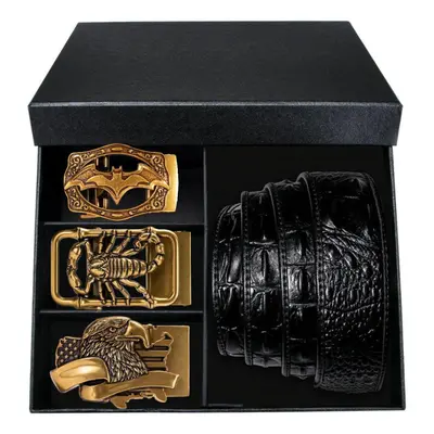 (black, 120cm) Men Classic Crocodile Straps Black Brown Belt With Gold Automatic Buckle Belt Box