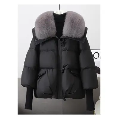 (black, XXL) Fashion Short Loose Cotton Coat With Large Fur Collar Thickened Clothes