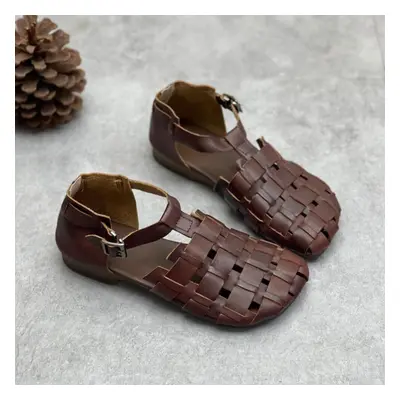 (coffee, 36) Johnature Retro Handwoven Genuine Leather Women&apos;s Shoes Round Toe Soft Bottom 