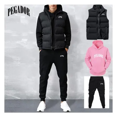 (pink, 2XL) Men&apos;s New Autumn And Winter Sales Of Solid Color Letter Printed Hoodie + Vest +